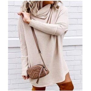 Mazik Ivory Knit Sweater Dress w/ Turtleneck & Long Drop Dolman Sleeve Size L